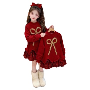 儿童年服女童新年洋装冬季2026新款儿童加绒卫衣裙中大童冬装红色