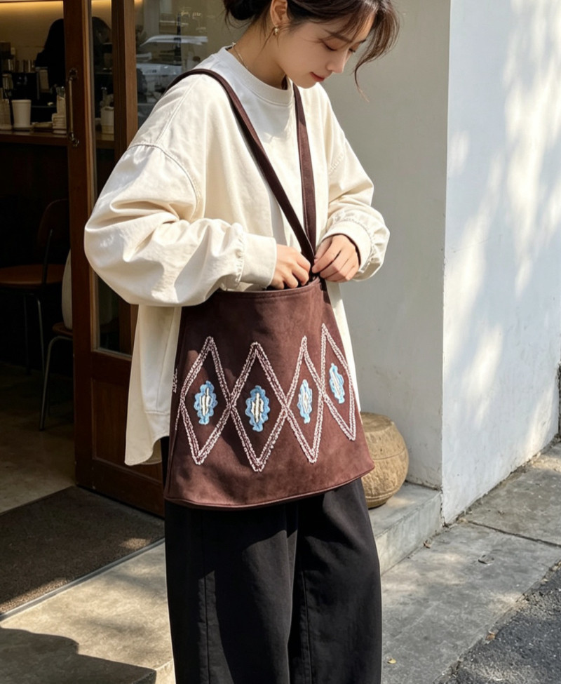 秋冬复古绒面托特包女大容量文艺小众菱形花边休闲通勤度假单肩包