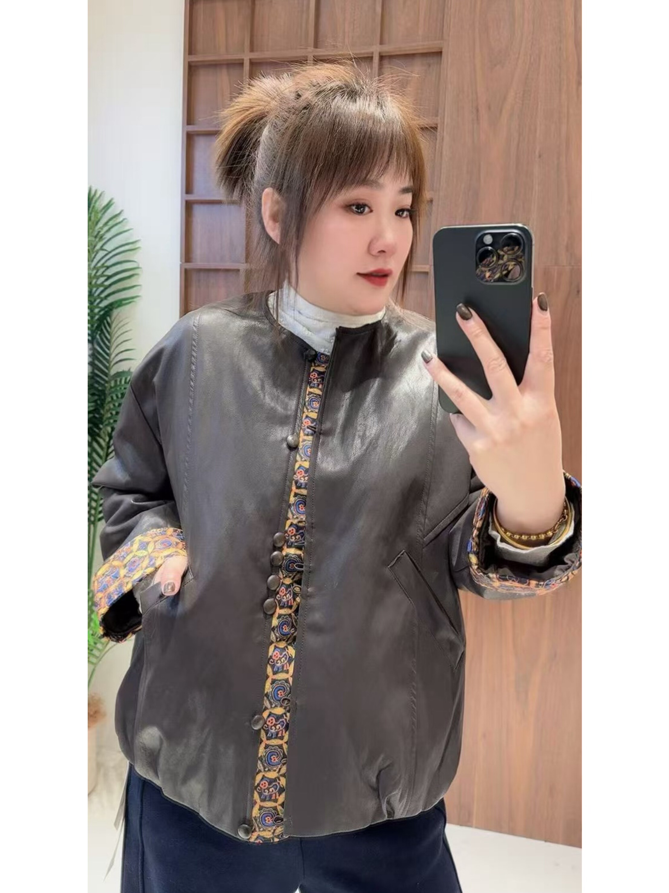 妃儿红3998冬加大码外套女 新中式提花拼接PU皮衣夹棉皮夹克