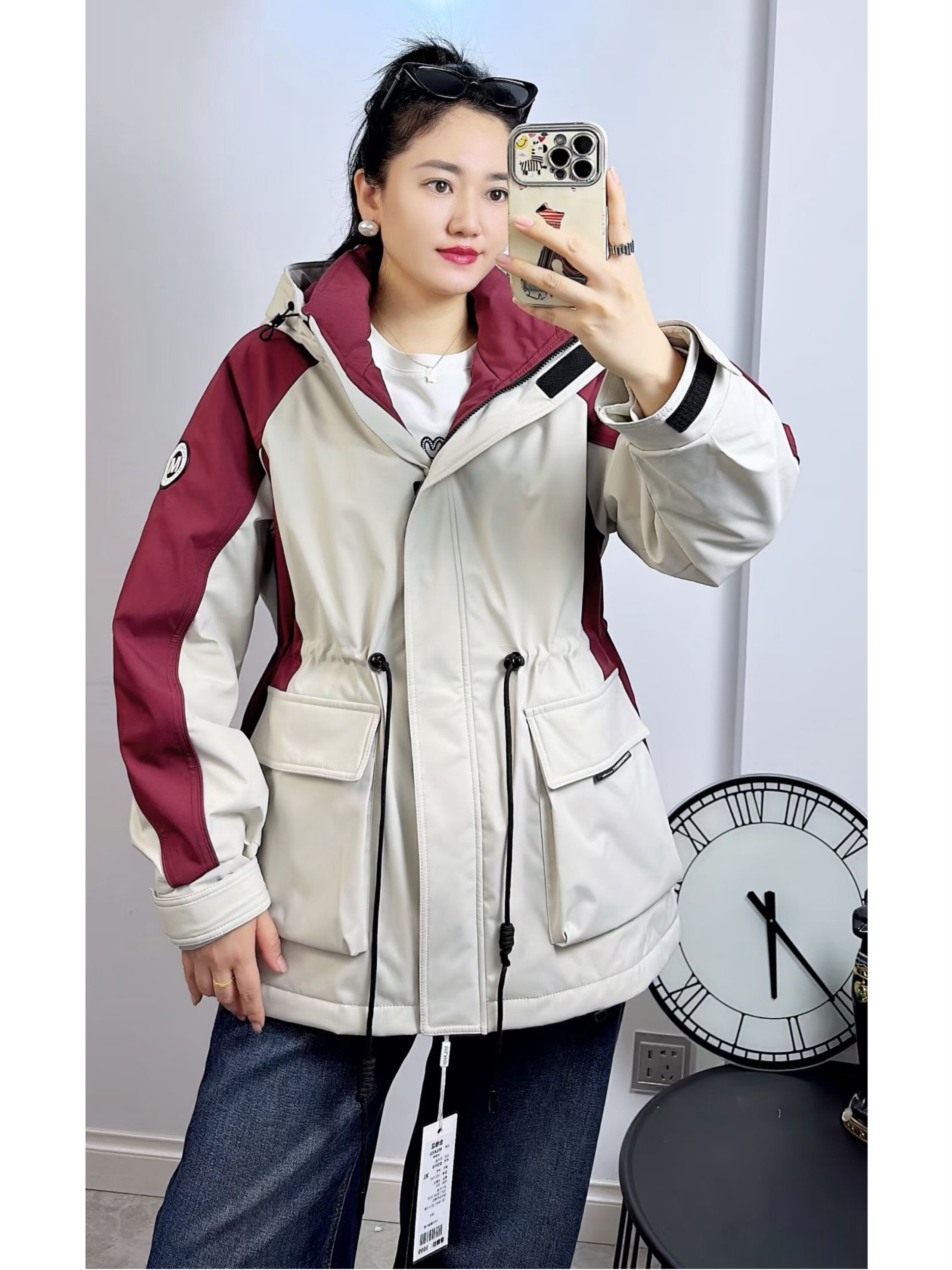 米莱奇5910冬加大码夹棉冲锋衣女 撞色连帽收腰保暖派克服外套