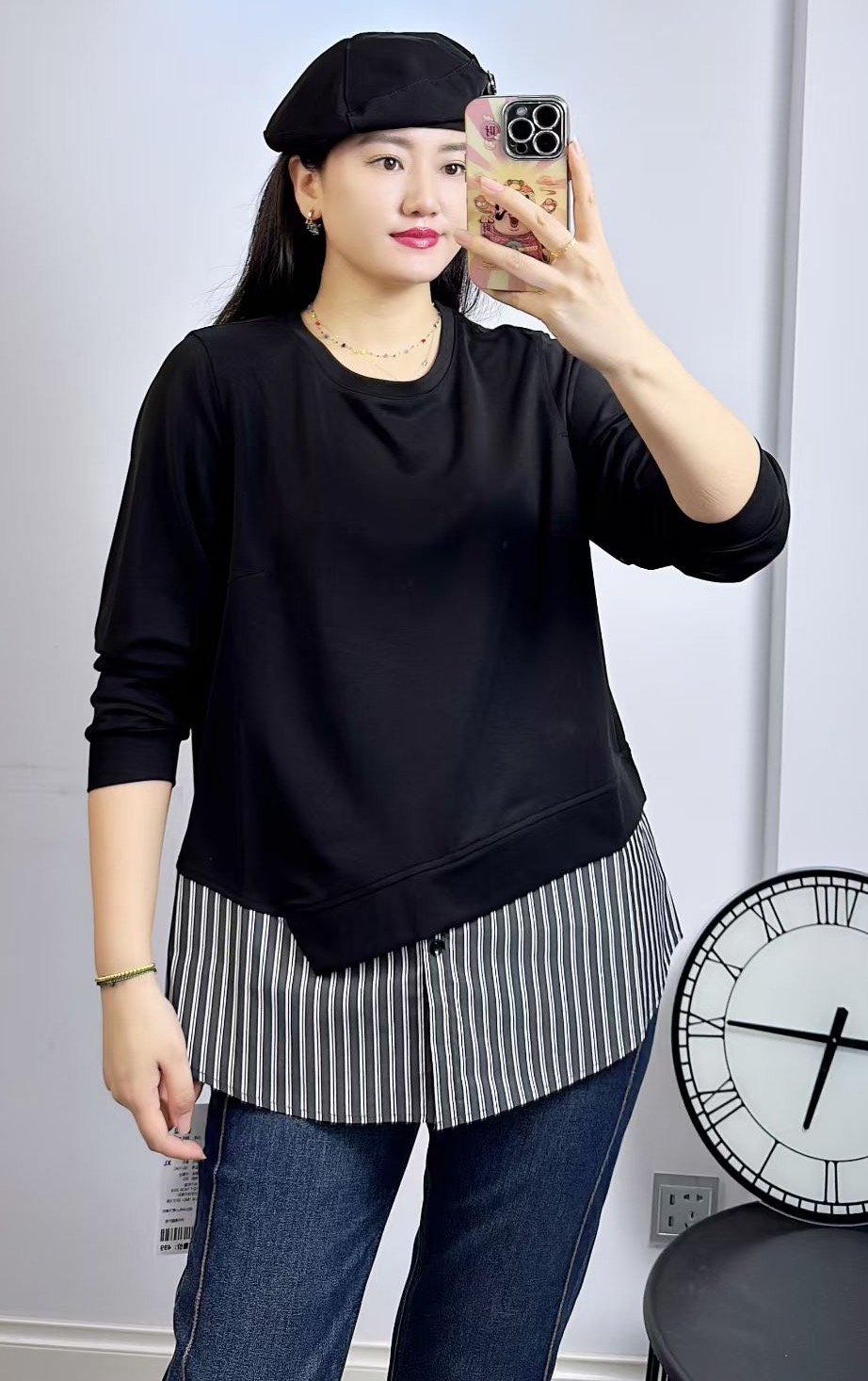 米莱奇5809秋加大码卫衣 假两件拼接宽松遮肚百搭长袖打底衫