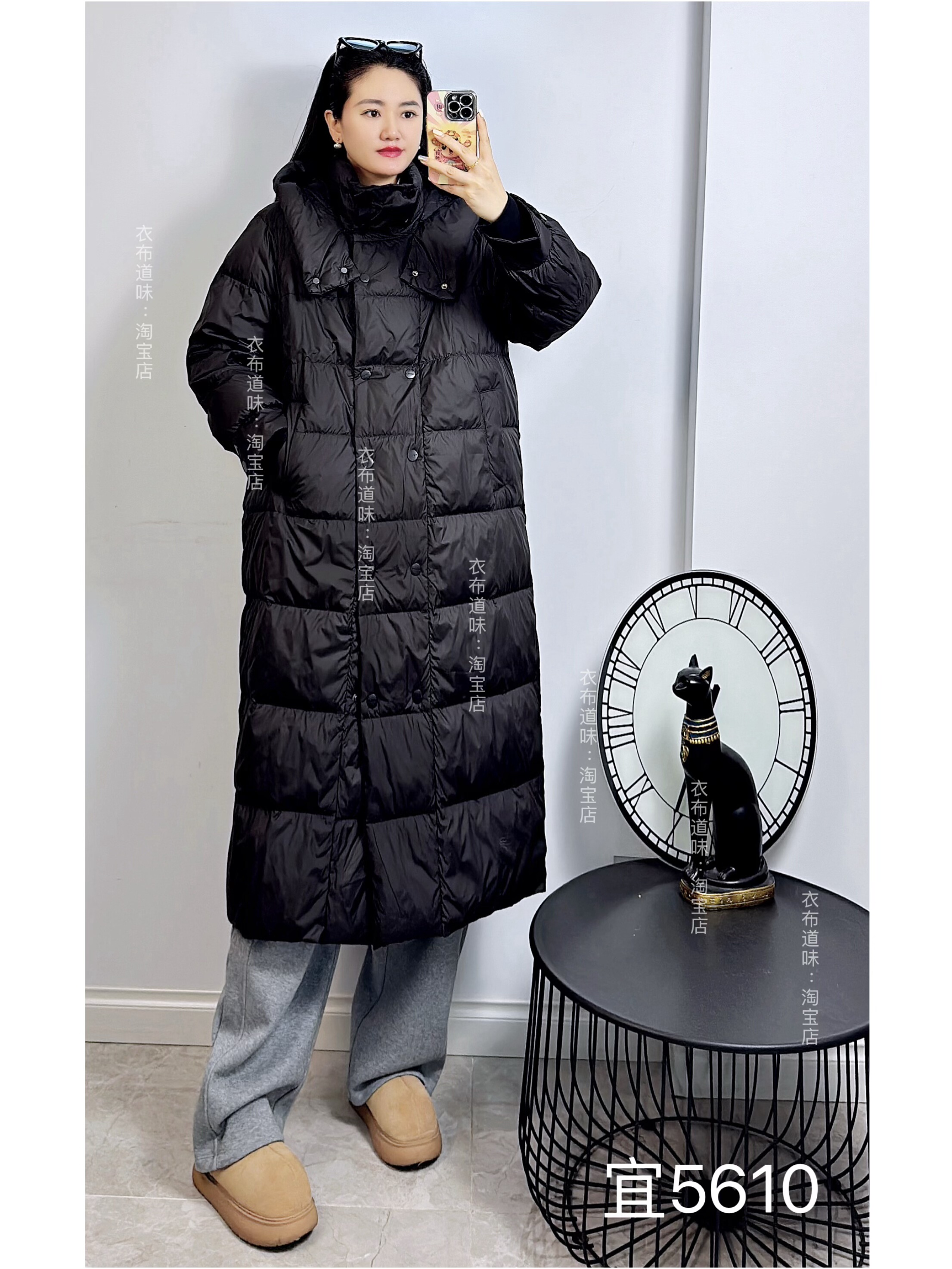 宜语的5610冬加大码羽绒服女 韩版黑色长款保暖连帽过膝加厚外套