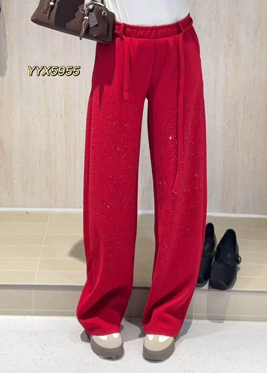 宜语析5955春加大码弯刀裤女 美式复古高腰宽松显瘦红色烫钻裤子,女装/女士精品,大码裤装,淘宝优惠券,粉丝福利购,淘宝优惠卷