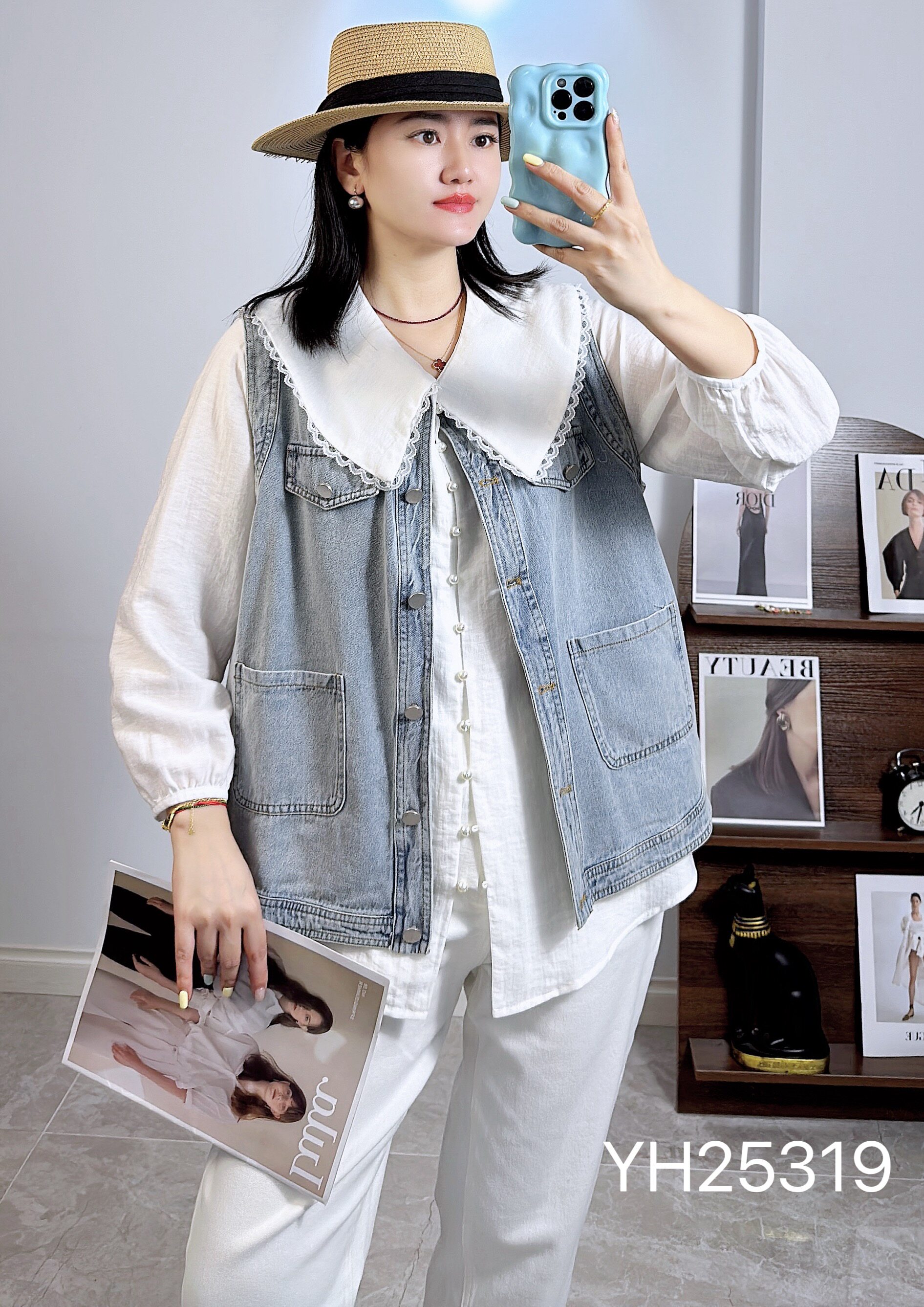 香港芸卉25319春加大码两件套女 牛仔马夹+娃娃领长袖上衣两件套