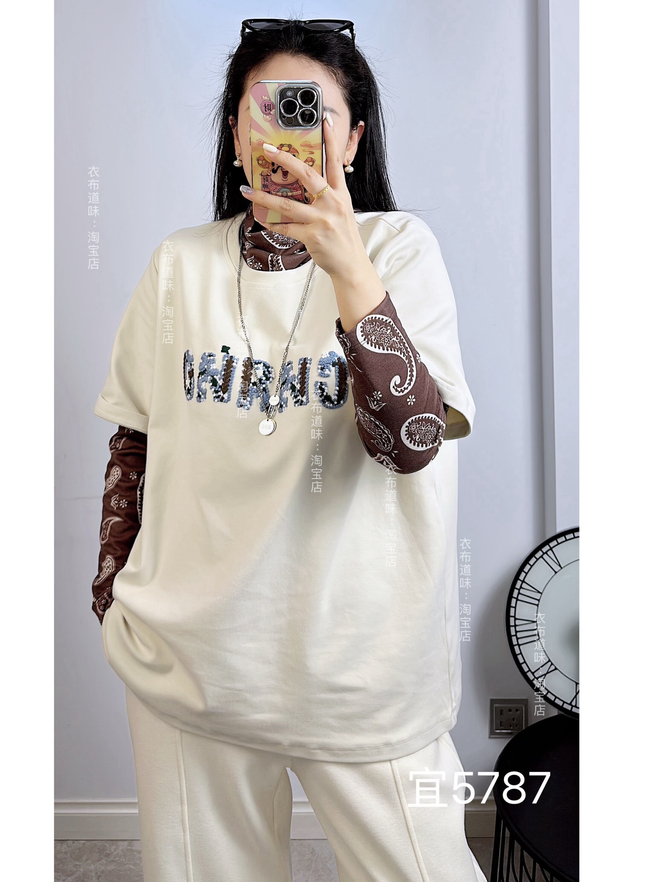 宜语析5787秋冬加大码卫衣女 纯棉半袖+高领腰果花打底上衣两件套