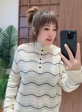 妃儿红5131冬加大码针织衫女 欧货钩花波浪纹半高领针织衫