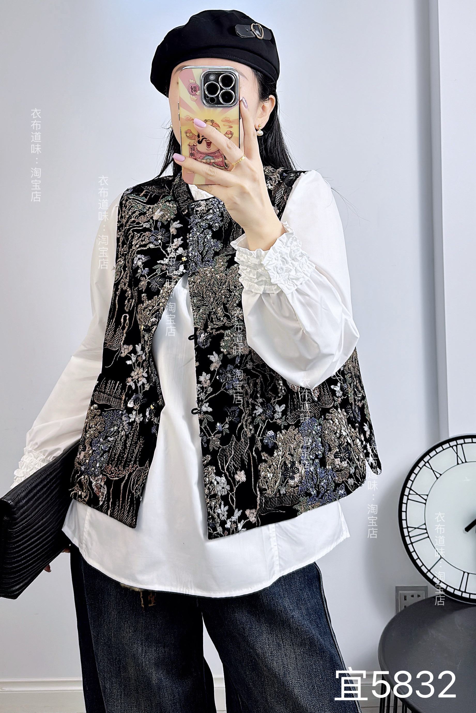 宜语析5832秋冬加大码马夹女 重工亮片刺绣丝绒复古洋气马夹坎肩