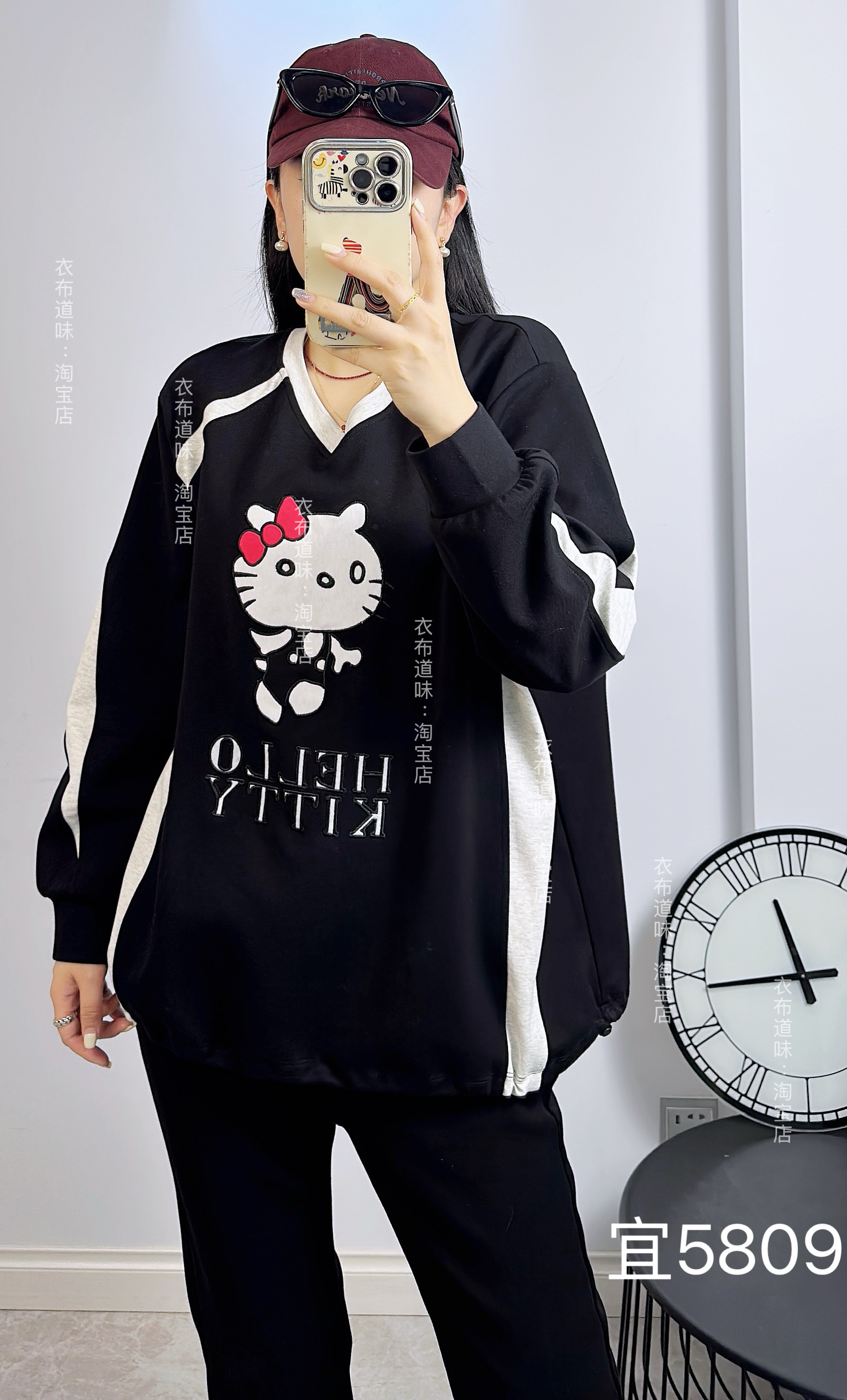 宜语析5809冬季加大码磨毛卫衣 复古刺绣猫咪宽松休闲长袖打底衫