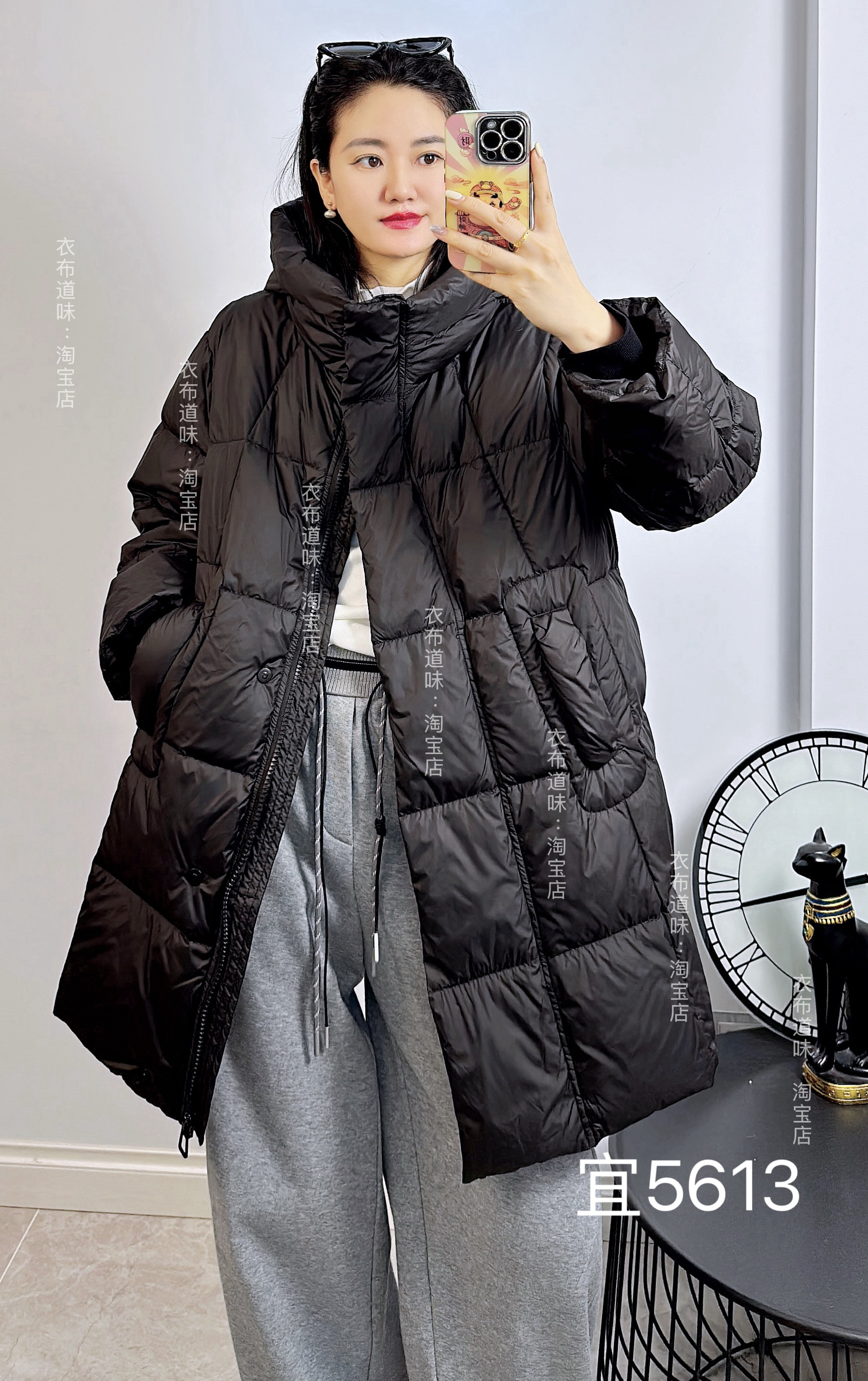 宜语的5613冬加大码羽绒服女 韩版黑色中长款保暖连帽加厚外套