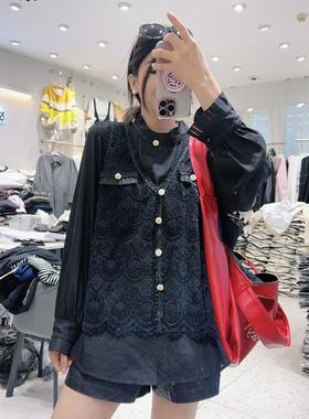 妃儿红5028冬季加大码套装女 小香马甲+木耳边衬衫上衣两件套