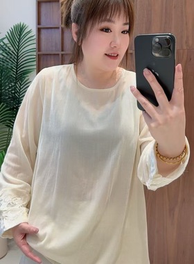 妃儿红5206春加大码衬衫女 气质百搭长袖国风刺绣丝绒打底衫