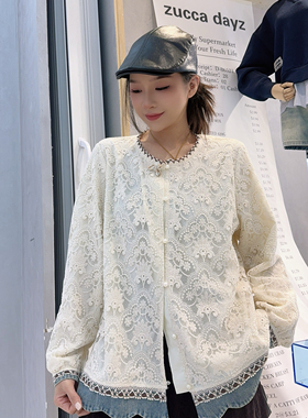 妃儿红5090春加大码衬衫女 韩系慵懒风牛仔拼接休闲百搭蕾丝开衫