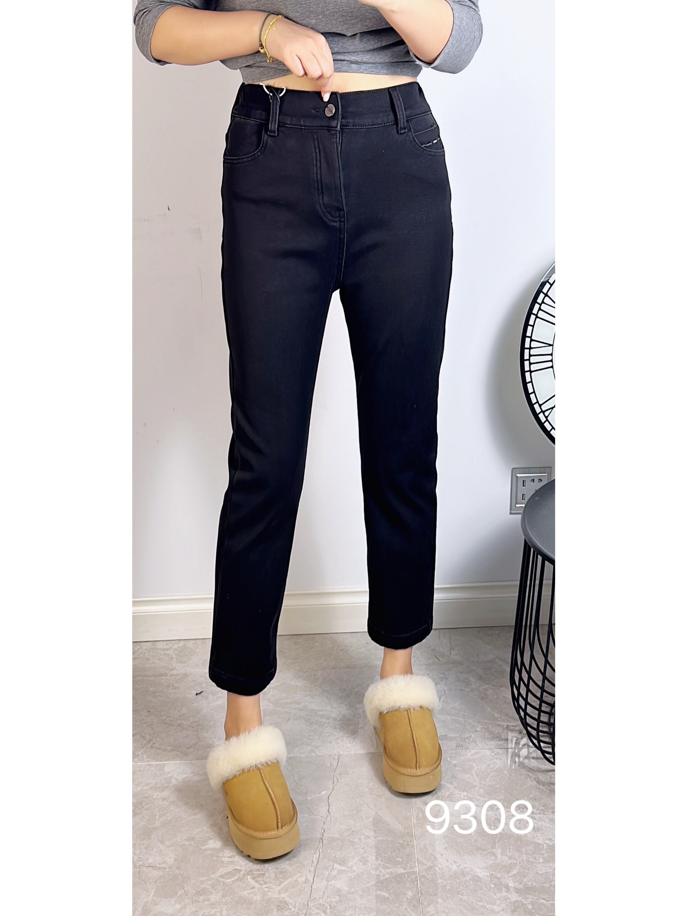 诺达思9308冬加大码加绒牛仔裤女 高腰收腹休闲百搭烟管筒九分裤