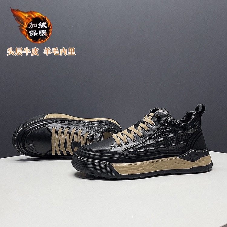 有范男鞋冬季免系带休闲鞋鳄鱼纹压花羊毛一体加厚保暖牛皮高帮鞋