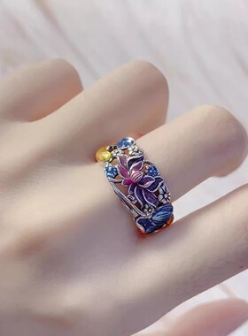 Loga.Py古法锦鲤荷花复古百搭彩油工艺显白荷花戒指古典文艺食指