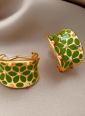 Loga.Py 绿色花朵C形耳环925银针耳钉新款夏季耳坠女耳饰法式复古