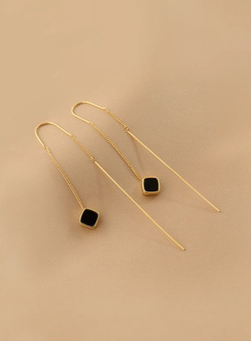 Loga.Py 黑色小方块耳线女超仙气质长款流苏耳坠圆脸显脸瘦的耳饰