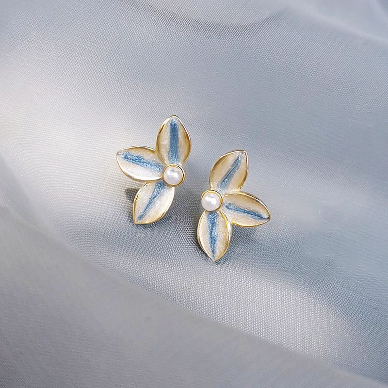 蓝色花朵耳钉女夏小众设计