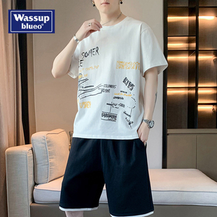 WASSUP夏季 潮流运动宽松短袖 短裤 纯棉t恤男舒适透气百搭休闲套装