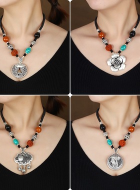 苗翎|复古民族风仿银饰短款锁骨链女藏银蜜蜡项链毛衣链棉麻配饰