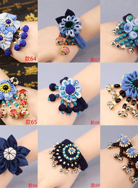 苗翎|云南民族大理白族纯手工扎染蓝染布艺铃铛花朵女手串链舞蹈