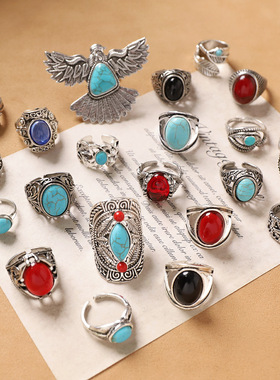藏式复古民族风戒指雕花夸张波西米亚异域废土风开口中古指环女