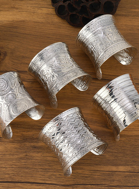 民族风宽版凹面手镯复古苗银花纹波西米亚镯子女个性异域手环