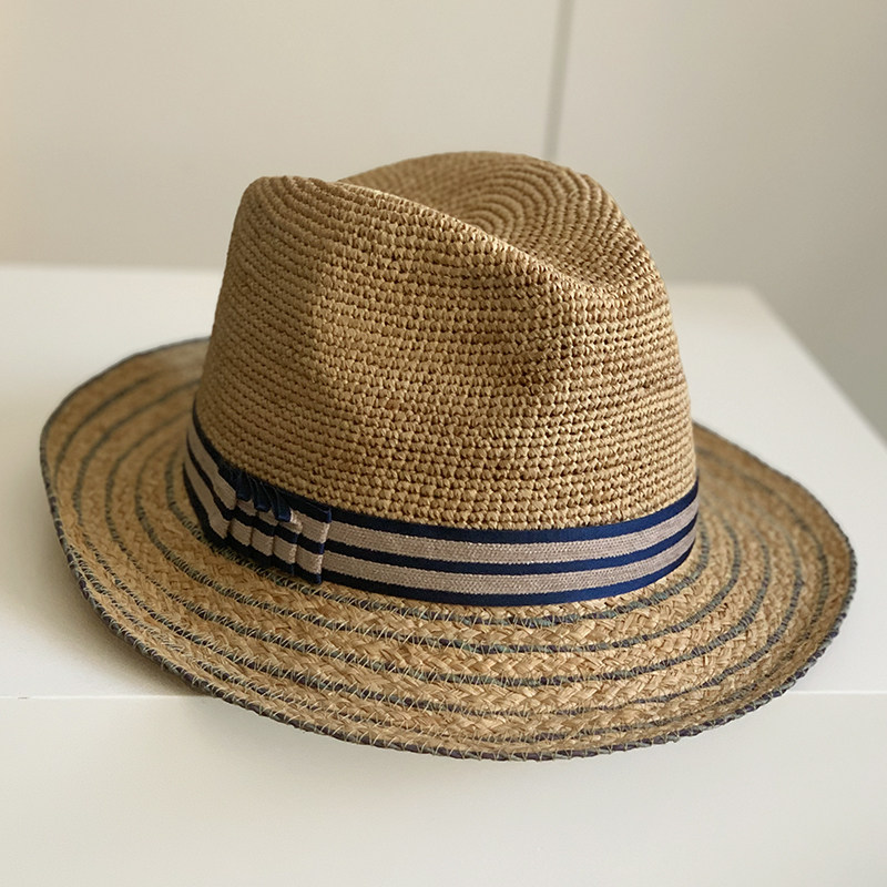 天然拉菲草礼帽手工钩针撞色英伦度假遮阳卷边小檐爵士帽子男女