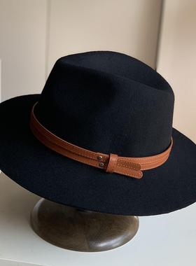 英伦风秋冬黑色百搭羊毛平顶礼帽男女同款毡帽法式复古爵士英伦风