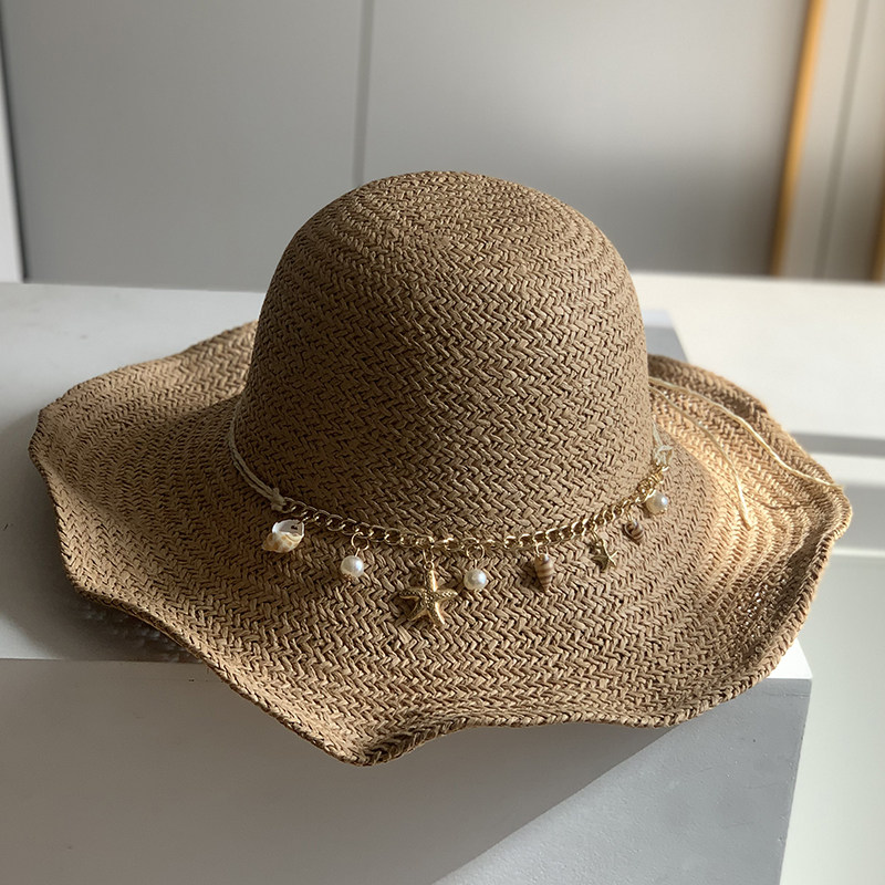 遮阳帽大帽檐防晒草帽出游度假风沙滩海星装饰拍照太阳帽子可折叠