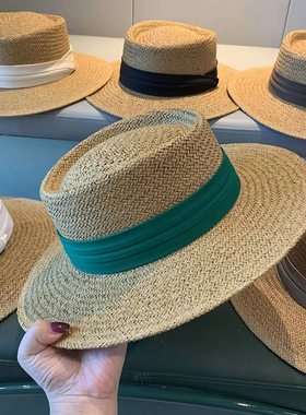 网红法式草编织海边平顶礼帽子女夏季平沿草帽沙滩度假遮阳防晒帽