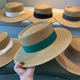 网红法式 平沿草帽沙滩度假遮阳防晒帽 草编织海边平顶礼帽子女夏季