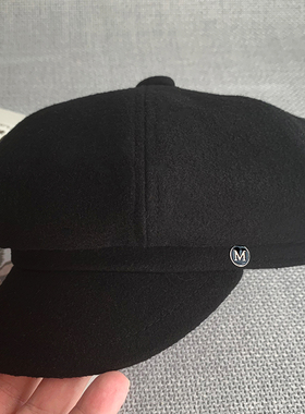 时髦百搭贝雷帽女秋冬羊毛呢黑色鸭舌帽子潮ins显脸小八角帽m棉布