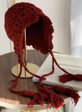 川西旅游拍照帽子法式民族风针织帽女秋冬手工钩花流苏毛线帽护耳