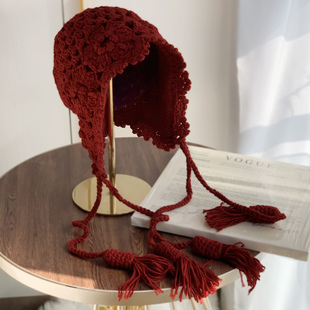 川西旅游拍照帽子法式 民族风针织帽女秋冬手工钩花流苏毛线帽护耳