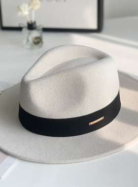 法国秋冬季羊毛呢平檐帽女士英伦复古爵士帽子白色法式名媛礼帽潮