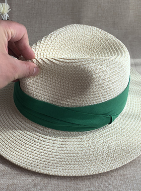 夏季新款男女白色绿带礼帽巴拿马平檐草帽遮阳沙滩帽子爵士帽潮