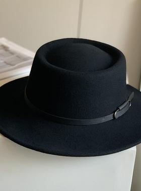 情侣毛呢秋冬凹顶皮带扣礼帽女黑色羊毛街舞表演平沿帽子爵士帽男