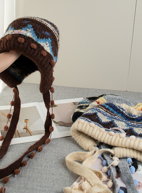 费尔岛风撞色绑带针织毛线帽女秋冬季百搭显脸小护耳保暖套头帽子