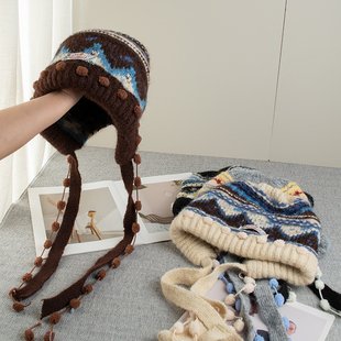 费尔岛风撞色绑带针织毛线帽女秋冬季 百搭显脸小护耳保暖套头帽子