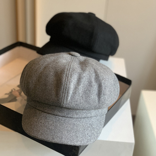 复古八角帽女秋冬夹棉保暖显脸小黑色灰色鸭舌帽百搭报童帽大头围