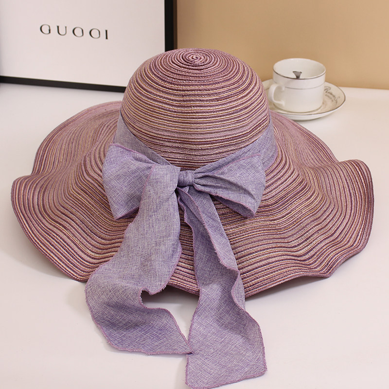 2022新款大檐帽女夏季防晒帽子折叠出游沙滩帽紫色渐变蝴蝶结草帽