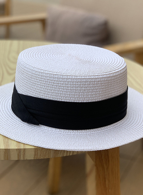 平沿帽子女夏海边平顶白色黑带法式度假遮阳防晒巴拿马草编织礼帽