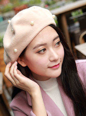 2022新款手工缝制珍珠贝雷帽高级感显气质优雅百搭羊毛呢画家帽潮