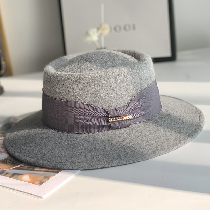 法式羊毛呢平顶小礼帽女秋冬英伦凹顶短檐爵士帽男高级感毡帽灰色
