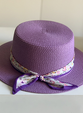 2025新款田园风碎花蝴蝶结平顶草帽女度假遮阳帽子小清新礼帽紫色