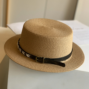 草帽女夏季 高品质细编织平顶草帽海边度假沙滩帽宽檐皮带扣太阳帽