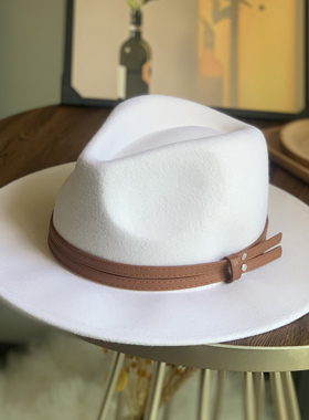 法式高品质白色羊毛呢礼帽英伦皮扣复古棕色皮扣风简约平沿爵士帽