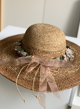 拉菲草大檐帽海边度假女士花环韩版潮防晒出游旅行太阳帽夏季咖色