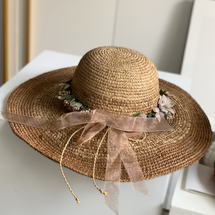 拉菲草大檐帽海边度假女士花环韩版 咖色 潮防晒出游旅行太阳帽夏季